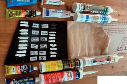 To perform his test, Ferman lined up several caulks and sealants and applied two beads of each, one for a tension test and one for a shear test, to a sample of his acrylic glazing material.