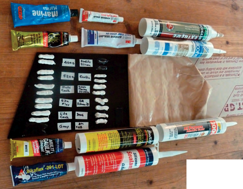 To perform his test, Ferman lined up several caulks and sealants and applied two beads of each, one for a tension test and one for a shear test, to a sample of his acrylic glazing material.