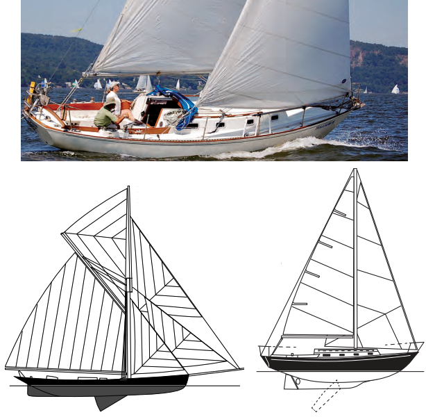 Rob Mazza’s Corvette, Trillium IV, is an example of a CCA keel/centerboarder. Rob traces her origins to the 1885 America’s Cup defender, Puritan, at left on facing page, although somewhat evolved, at right on facing page.