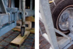 A steel sleeve attached to the trailer’s hitch beam, at left, accommodates a 9-foot hitch extension. The Z-shaped mounting arm, at right, allows the spare wheel to double as a hitch jack, and a much more robust one than the standard equipment.