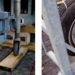 A steel sleeve attached to the trailer’s hitch beam, at left, accommodates a 9-foot hitch extension. The Z-shaped mounting arm, at right, allows the spare wheel to double as a hitch jack, and a much more robust one than the standard equipment.