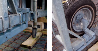 A steel sleeve attached to the trailer’s hitch beam, at left, accommodates a 9-foot hitch extension. The Z-shaped mounting arm, at right, allows the spare wheel to double as a hitch jack, and a much more robust one than the standard equipment.