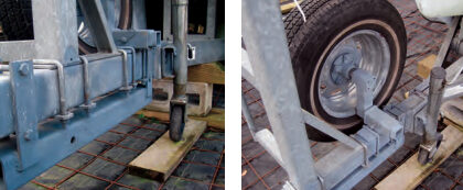 A steel sleeve attached to the trailer’s hitch beam, at left, accommodates a 9-foot hitch extension. The Z-shaped mounting arm, at right, allows the spare wheel to double as a hitch jack, and a much more robust one than the standard equipment.