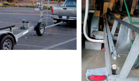 With the spare wheel taking the weight of boat and trailer, above, the hitch extension (which nets at about 9 feet) keeps the tow vehicle away from the water. The extension is equipped with its own 1 7⁄8-inch hitch/ball arrangement and stores snugly next to the trailer’s outside frame and trailer-bunk uprights, at right.