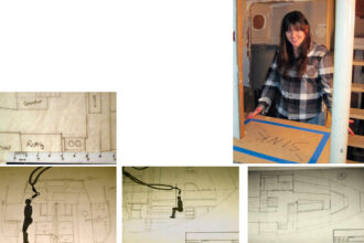 From the first drawing to the built interior is a path with many turns. The scale rule, top of facing page, showed dimensions and “Elmo,” Carl’s articulating model, bottom of facing page, helped him and his family visualize spaces, but the mock-up, as Carl’s daughter Lauren shows, allowed them to experience the layout in 3-D, at left.