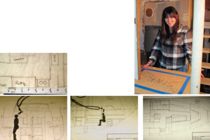 From the first drawing to the built interior is a path with many turns. The scale rule, top of facing page, showed dimensions and “Elmo,” Carl’s articulating model, bottom of facing page, helped him and his family visualize spaces, but the mock-up, as Carl’s daughter Lauren shows, allowed them to experience the layout in 3-D, at left.