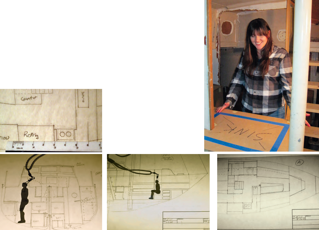 From the first drawing to the built interior is a path with many turns. The scale rule, top of facing page, showed dimensions and “Elmo,” Carl’s articulating model, bottom of facing page, helped him and his family visualize spaces, but the mock-up, as Carl’s daughter Lauren shows, allowed them to experience the layout in 3-D, at left.