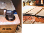 Ken’s new holding tank is plumbed and secured in place with webbing straps, on facing page. He made a pattern for each side of the male mold, at right, and placed the mold on a laminate surface from which the laminated tank would easily release, below.