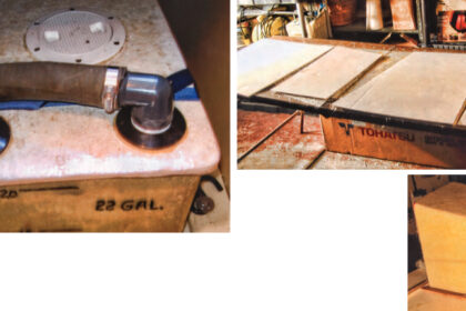 Ken’s new holding tank is plumbed and secured in place with webbing straps, on facing page. He made a pattern for each side of the male mold, at right, and placed the mold on a laminate surface from which the laminated tank would easily release, below.