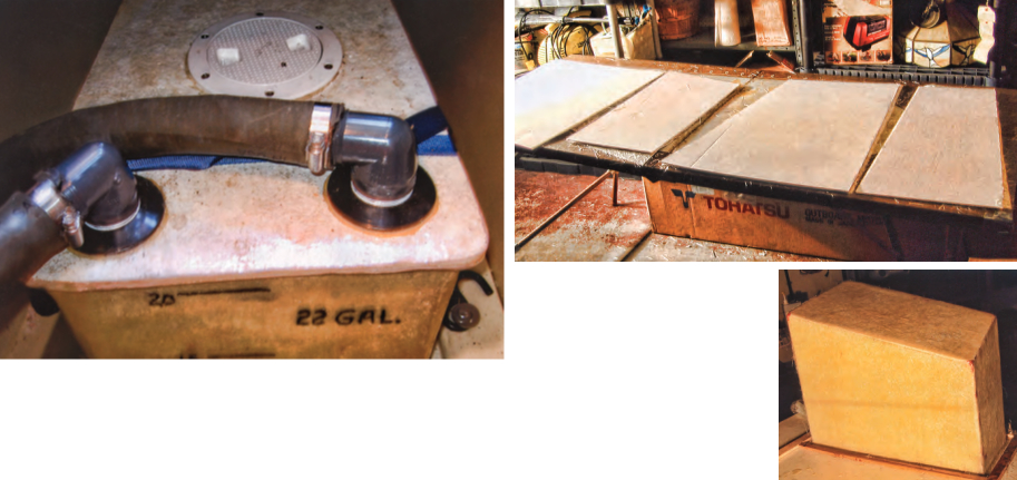 Ken’s new holding tank is plumbed and secured in place with webbing straps, on facing page. He made a pattern for each side of the male mold, at right, and placed the mold on a laminate surface from which the laminated tank would easily release, below.