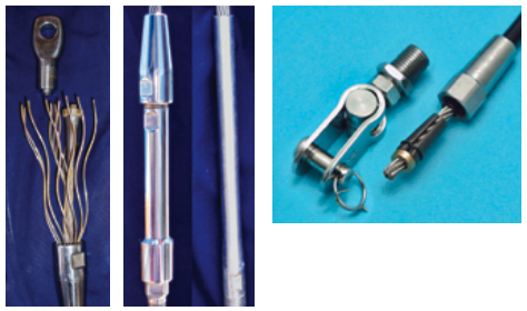 Hi-Mod terminals use a “crown ring,” far left. An assembled Hi-Mod alongside a swaged fitting, at left. In the Quick Attach (and the similar Blue Wave) terminals, above, the wedge fits over the entire wire.
