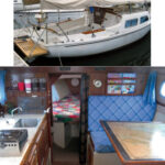 Morgan rests in her slip, at top, covered stem to stern by the sunshade Mike and Sharon made to keep her cool. Belowdecks, at right, the simple layout contains the essentials for cruising, and the deck design permits an outside view from the dinette and from the galley.