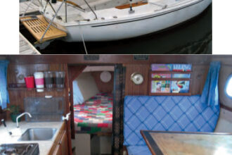 Morgan rests in her slip, at top, covered stem to stern by the sunshade Mike and Sharon made to keep her cool. Belowdecks, at right, the simple layout contains the essentials for cruising, and the deck design permits an outside view from the dinette and from the galley.
