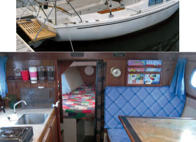 Morgan rests in her slip, at top, covered stem to stern by the sunshade Mike and Sharon made to keep her cool. Belowdecks, at right, the simple layout contains the essentials for cruising, and the deck design permits an outside view from the dinette and from the galley.