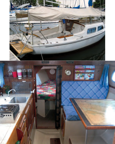 Morgan rests in her slip, at top, covered stem to stern by the sunshade Mike and Sharon made to keep her cool. Belowdecks, at right, the simple layout contains the essentials for cruising, and the deck design permits an outside view from the dinette and from the galley.
