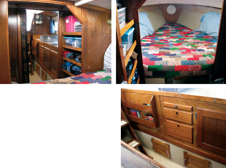 Mike’s modifications made Morgan more appealing for cruising. He extended the galley all the way aft, at top left, and built in a cooler. Comfortable sleeping quarters were high on the list, at top right, followed by numerous shelves to hold gear and stores, all photos this page.