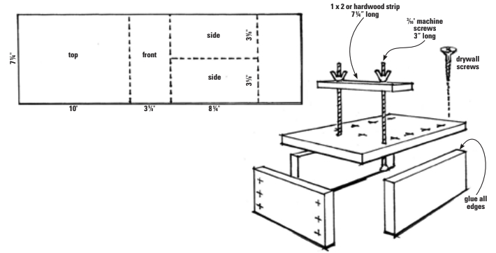A mini workbench like David’s can be assembled very quickly from a 2-foot board, a few screws, and a couple of machine screws.