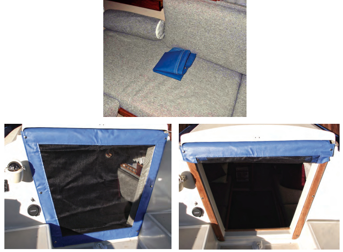 A great advantage of the hatch cloth is that it’s easy to stow, top. The same snaps can be used to attach an insect screen, at left, which can be rolled up, at right, to allow air to flow freely into the cabin when the mosquitoes are bugging people somewhere else.