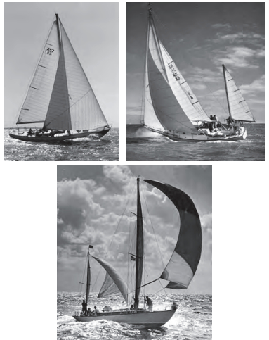 Touché, at left, designed by Bill Tripp Jr., shows the long bow overhang and squat sail plan encouraged by the CCA rule. Even when reefed, The NE 38, also designed by Tripp, carries a big overlapping genoa, at right. The famous Finisterre, below, gets a big push from her “free” mizzen staysail.