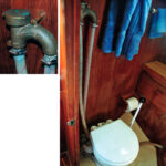 The vented loop prevents back-flooding via the toilet. To pump water into the head, Glyn places a finger over the vent hole.