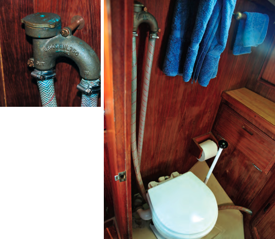 The vented loop prevents back-flooding via the toilet. To pump water into the head, Glyn places a finger over the vent hole.