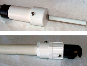 A spike on the outboard end of the pole, at left top, fits into the clew cringle where the jibsheets are attached. At the inboard end, at left bottom, a standard whisker pole snap-on hook clips onto a ring fitting on the forward side of the mast.