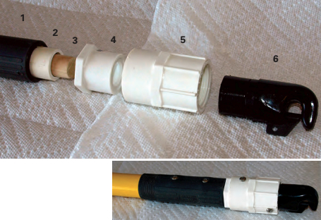 Some assembly is required for the inboard module of Clarence’s whisker pole, above. once the pieces are assembled, the inboard end begins to look like a functional whisker pole, below.