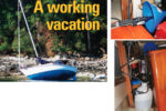Aboard Moonrise, the water shortage was restricted to the engine cooling system, and eventually mitigated by ingenuity, at right and below. An anchorage neighbor experienced a more distressing, if temporary, depletion due to a falling tide, on facing page.