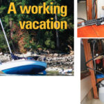 Aboard Moonrise, the water shortage was restricted to the engine cooling system, and eventually mitigated by ingenuity, at right and below. An anchorage neighbor experienced a more distressing, if temporary, depletion due to a falling tide, on facing page.