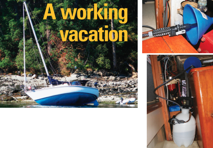 Aboard Moonrise, the water shortage was restricted to the engine cooling system, and eventually mitigated by ingenuity, at right and below. An anchorage neighbor experienced a more distressing, if temporary, depletion due to a falling tide, on facing page.
