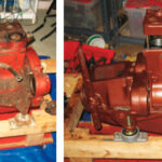 Disassembly of the engine began in the fall with the removal of the cylinder head, at left, and the re-machined head went back on the refurbished block in the spring, at right.