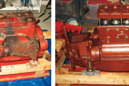 Disassembly of the engine began in the fall with the removal of the cylinder head, at left, and the re-machined head went back on the refurbished block in the spring, at right.