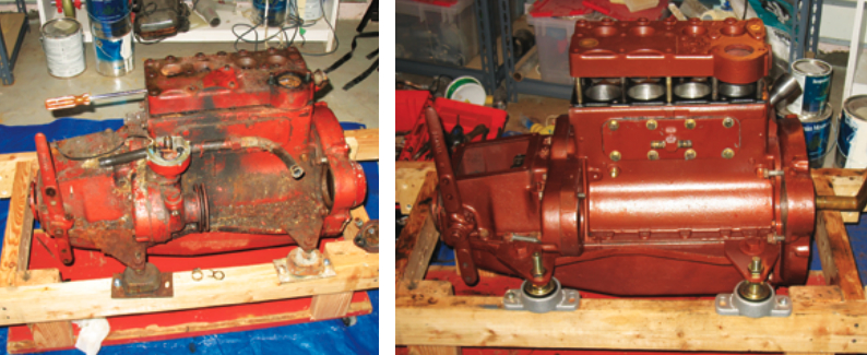 Disassembly of the engine began in the fall with the removal of the cylinder head, at left, and the re-machined head went back on the refurbished block in the spring, at right.