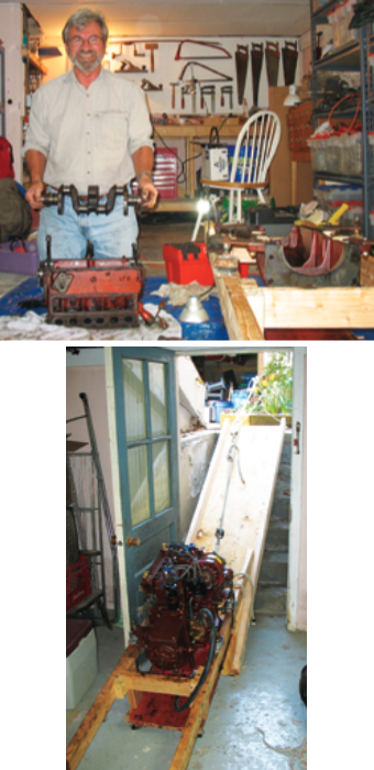 Rob, the engine surgeon, is a happy man as he holds the “beating heart” in his hands, above. The beast in the basement emerges to become the beast in the bilge once again, below.