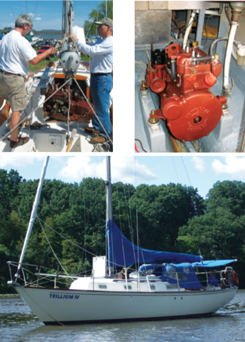 Lifted by the boom once more, at left, the rebuilt engine made the return journey to its home under the cockpit, where it joined the new aluminum fuel tank and cockpit-drain seacocks, at right. Trillium looks ready to put another 39 years on her engine, below.