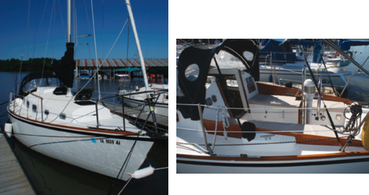 Part of the Bristol 29.9’s appeal is its uncluttered deck, at left. The cockpit, above, is conventional, with seats just over 6 feet long and teak coamings that provide decent back support forward.