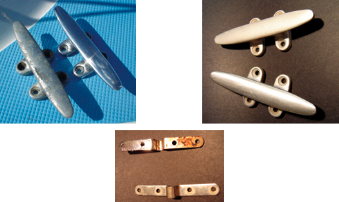 Aluminum deck cleats clean up nicely with a little judicious sanding, brushing and buffing, left and right. Stainless-steel gudgeons, below, also respond to TLC and will enhance the boat’s appearance when re-installed.