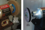 A bench grinder serves for wire brushing and buffing, left. A buffing motor’s longer shafts allow better access for manipulating parts, right.