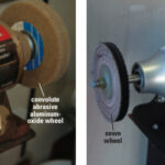 A bench grinder serves for wire brushing and buffing, left. A buffing motor’s longer shafts allow better access for manipulating parts, right.