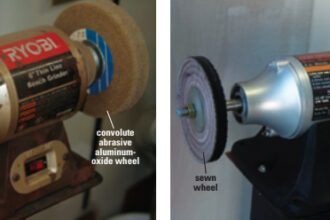 A bench grinder serves for wire brushing and buffing, left. A buffing motor’s longer shafts allow better access for manipulating parts, right.