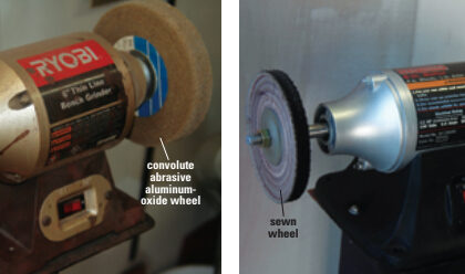 A bench grinder serves for wire brushing and buffing, left. A buffing motor’s longer shafts allow better access for manipulating parts, right.