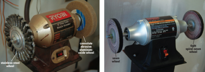 A bench grinder serves for wire brushing and buffing, left. A buffing motor’s longer shafts allow better access for manipulating parts, right.