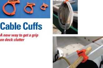 Cable Cuffs come in three sizes (all of them inexpensive) and make quick work of organizing a variety of onboard gear. The large Cable Cuff, at left, holds a coil of line while the small one, below, clips a cord to a lifeline to keep it from being underfoot on deck.