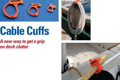 Cable Cuffs come in three sizes (all of them inexpensive) and make quick work of organizing a variety of onboard gear. The large Cable Cuff, at left, holds a coil of line while the small one, below, clips a cord to a lifeline to keep it from being underfoot on deck.
