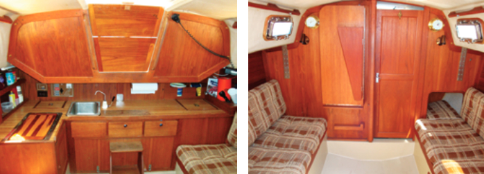 The galley, at left, extends athwartships under the bridge deck, so one of the steps used when entering or leaving the cabin is in the middle of the counter. In spite of this, it’s an efficient use of space in a small boat. Most Cal boats have fiberglass pans or inner liners that form the sole and berth flats and include an athwartships beam that supports the mast’s compression post. The interior is finished in teak-veneer plywood.