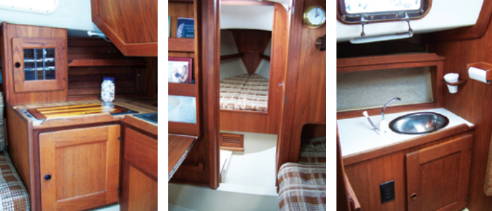 Leaded glass standard on a production boat? You bet! It’s in the door to the liquor and crystal cabinet, at left. When viewed from the saloon, the forward cabin with its V-berth appears unusually spacious, center. This is because of the way the head compartment, at right, is included as part of its area. When guests are aboard, an accordion door offers privacy between the V-berth and the head.