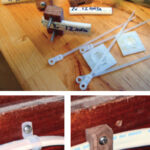Stephen wasn’t satisfied that the commercially available devices for securing electrical wiring would hold the wires firmly enough, so he made his own to fit three sizes of wire, above. When compared against a plastic cable clip, at left below, Stephen’s design is more secure and more handsome, at right below.