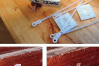 Stephen wasn’t satisfied that the commercially available devices for securing electrical wiring would hold the wires firmly enough, so he made his own to fit three sizes of wire, above. When compared against a plastic cable clip, at left below, Stephen’s design is more secure and more handsome, at right below.