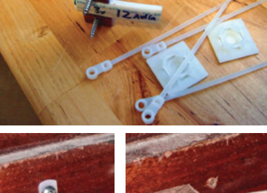 Stephen wasn’t satisfied that the commercially available devices for securing electrical wiring would hold the wires firmly enough, so he made his own to fit three sizes of wire, above. When compared against a plastic cable clip, at left below, Stephen’s design is more secure and more handsome, at right below.