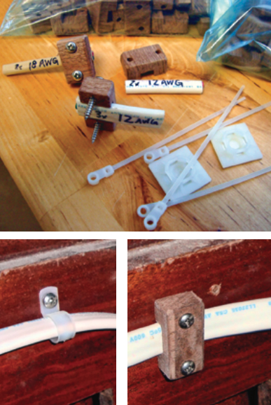 Stephen wasn’t satisfied that the commercially available devices for securing electrical wiring would hold the wires firmly enough, so he made his own to fit three sizes of wire, above. When compared against a plastic cable clip, at left below, Stephen’s design is more secure and more handsome, at right below.